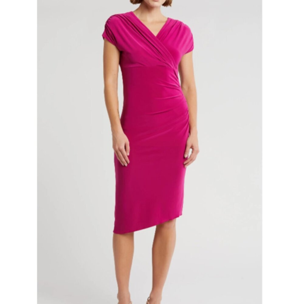 NEW Vince Camuto Cap Sleeve Asymmetric Hem Body-Con Dress in Magenta - Picture 1 of 3